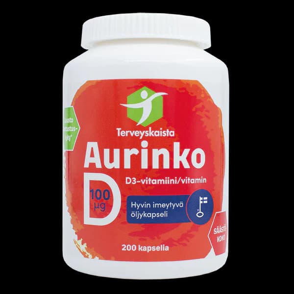 Terveyskaista Aurinko D 100 mikrog 200 kaps - Diilimurkku - Click to view full gallery Terveyskaista Aurinko D 100 mikrog 200 kaps - Diilimurkku - Main product gallery image